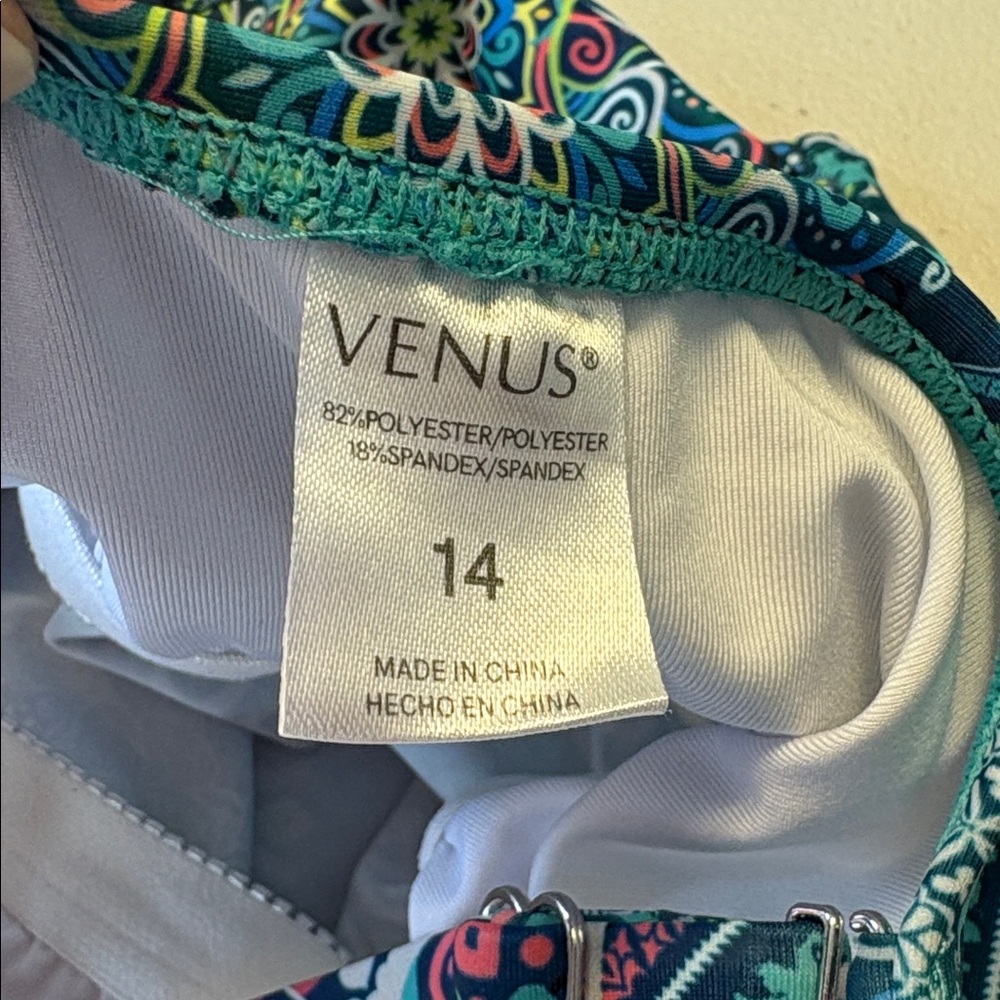 VENUS Teal Navy & Multicolor Halter Swim Top Sz 14 - Picture 3 of 6